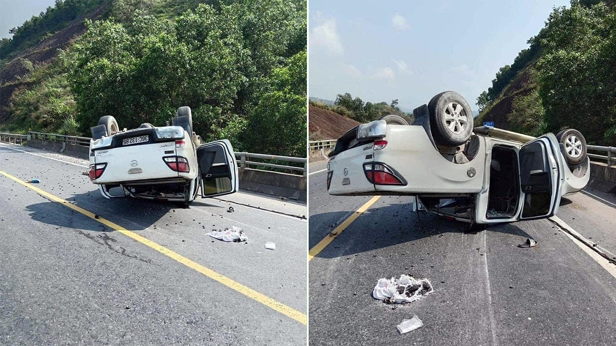 Ảnh TNGT: Mazda BT-50 lật ngửa trên cao tốc La Sơn – Túy Loan